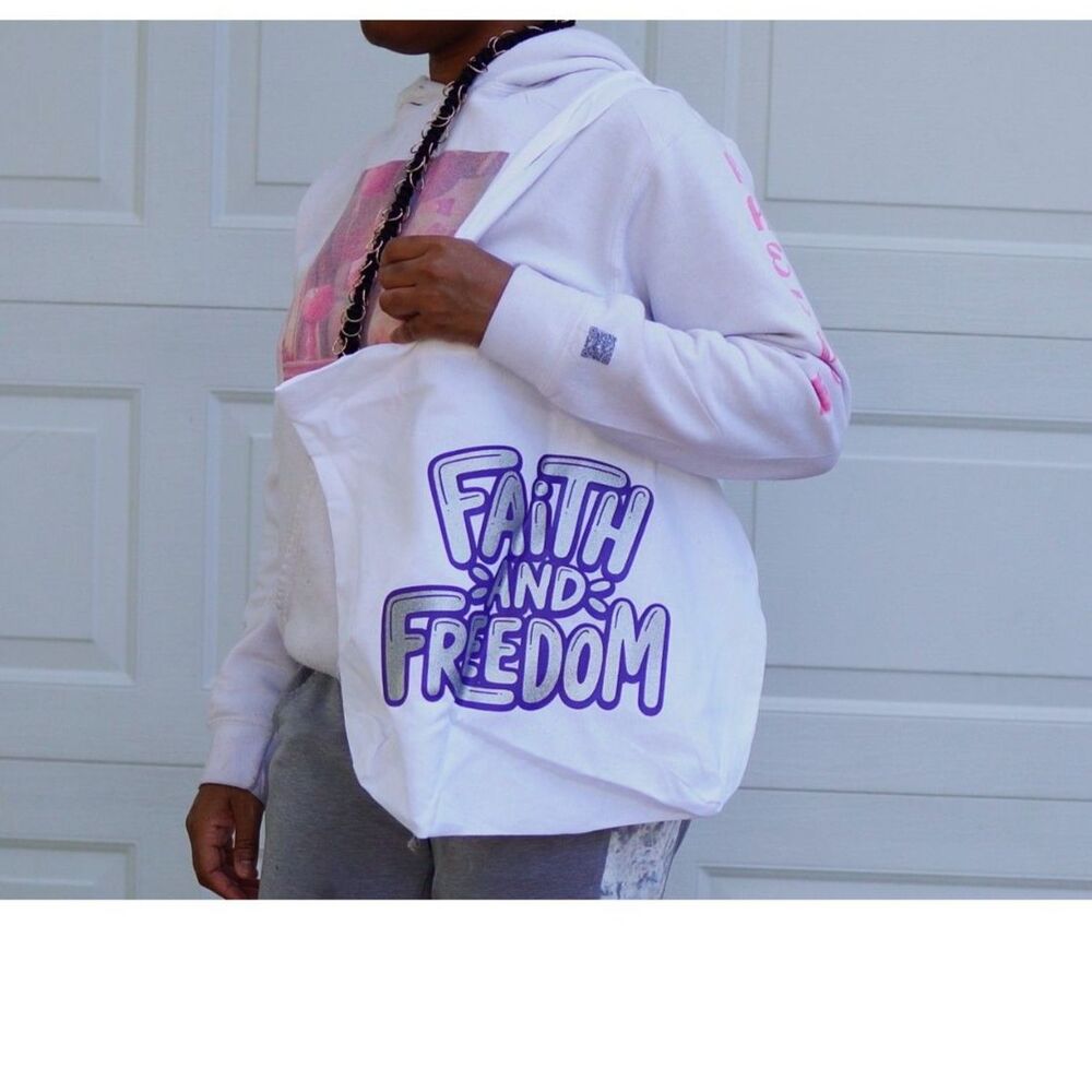 Faith and Freedom Cotton Tote Bag Purple Graphic Everyday Reusable Book Grocery